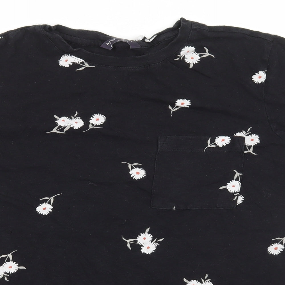 Marks and Spencer Womens Black Floral Cotton Basic T-Shirt Size 12 Round Neck