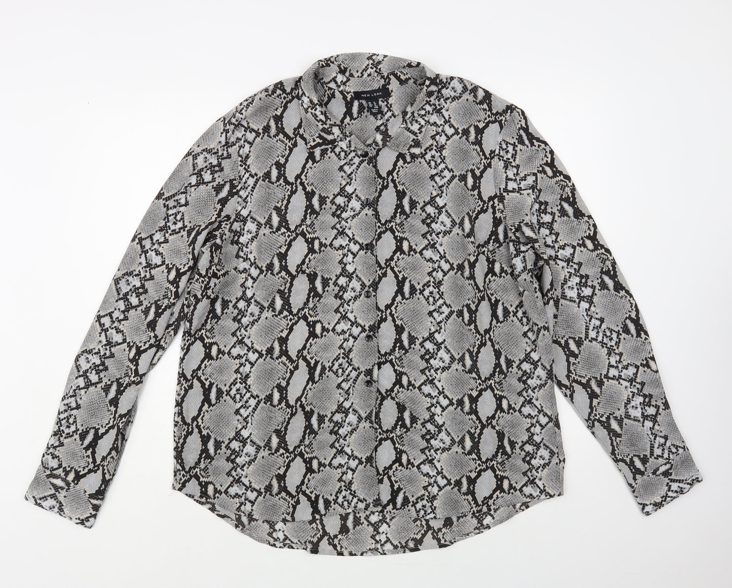 New Look Womens Grey Animal Print Polyester Basic Button-Up Size 16 Collared