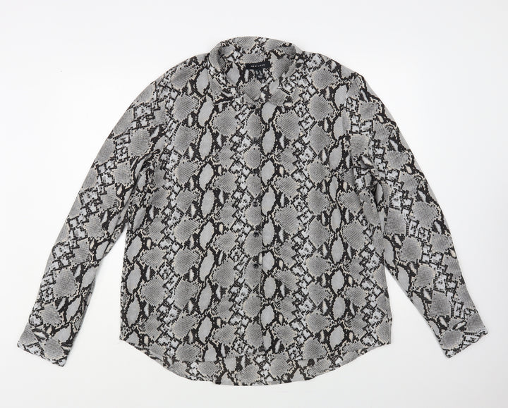 New Look Womens Grey Animal Print Polyester Basic Button-Up Size 16 Collared