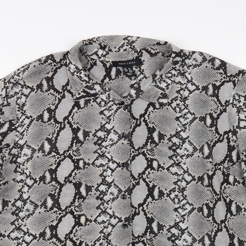 New Look Womens Grey Animal Print Polyester Basic Button-Up Size 16 Collared