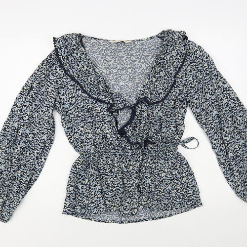 F&F Womens Blue Floral Viscose Wrap Blouse Size 10 Collared