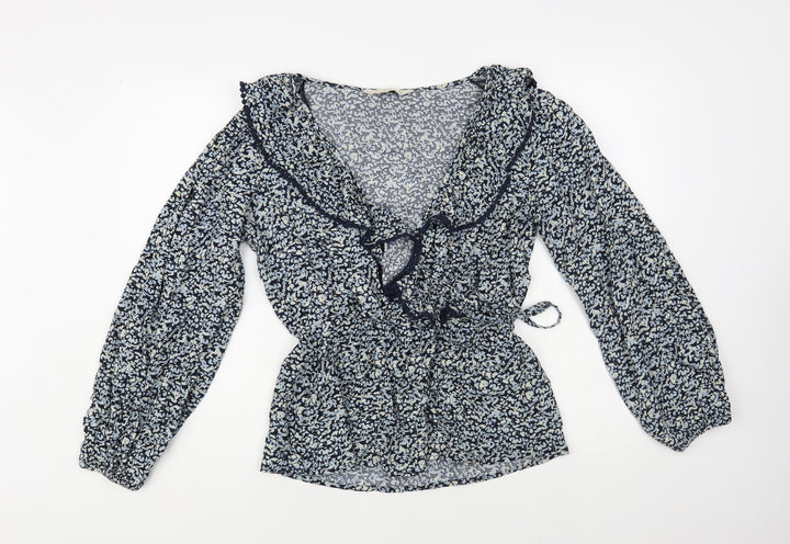 F&F Womens Blue Floral Viscose Wrap Blouse Size 10 Collared