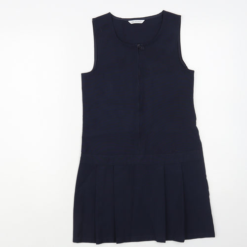 Marks and Spencer Girls Blue Polyester Pinafore/Dungaree Dress Size 9-10 Years Round Neck Zip - Schoolwear