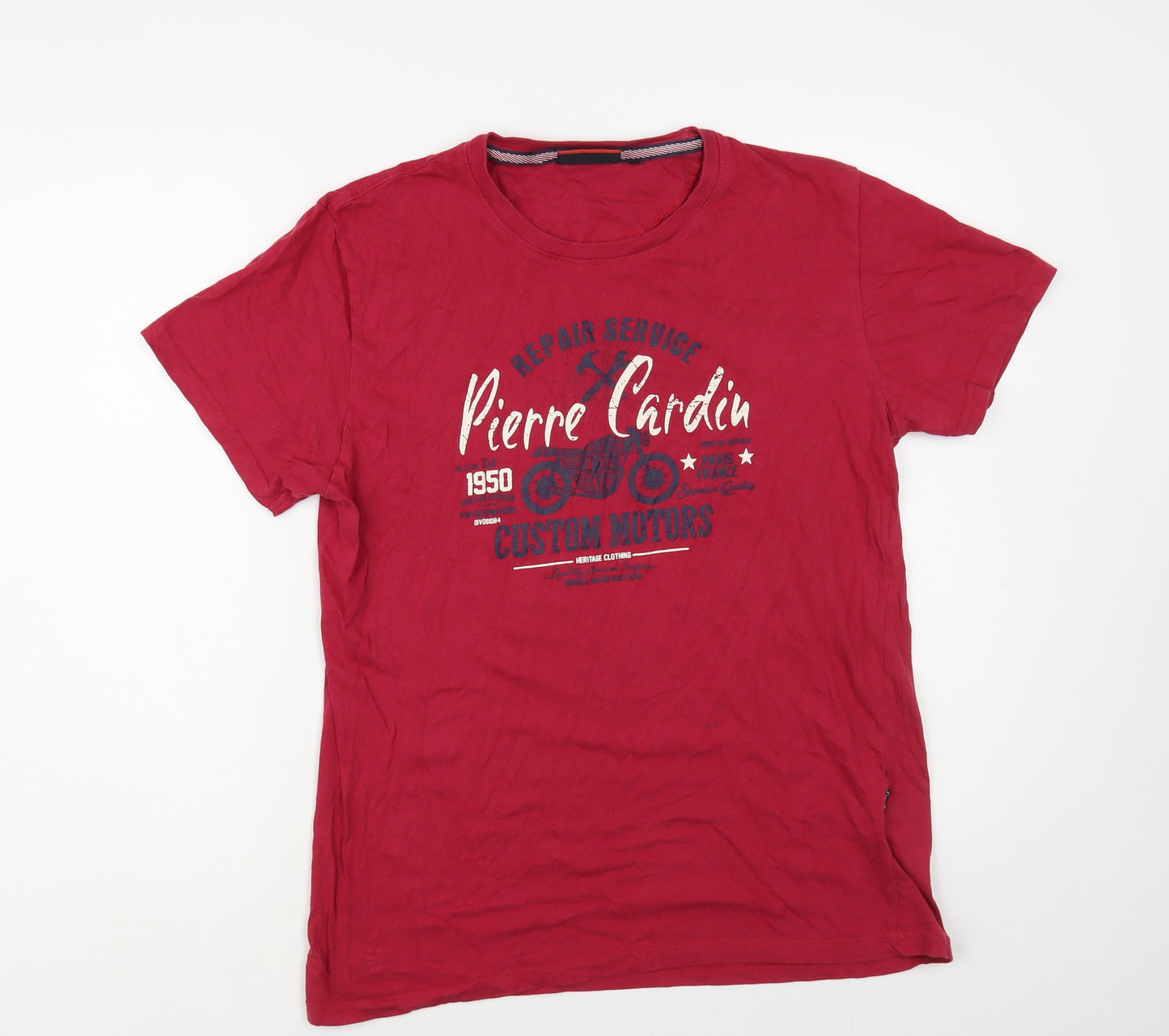 Pierre Cardin Mens Red Cotton T-Shirt Size L Crew Neck - Motorbike