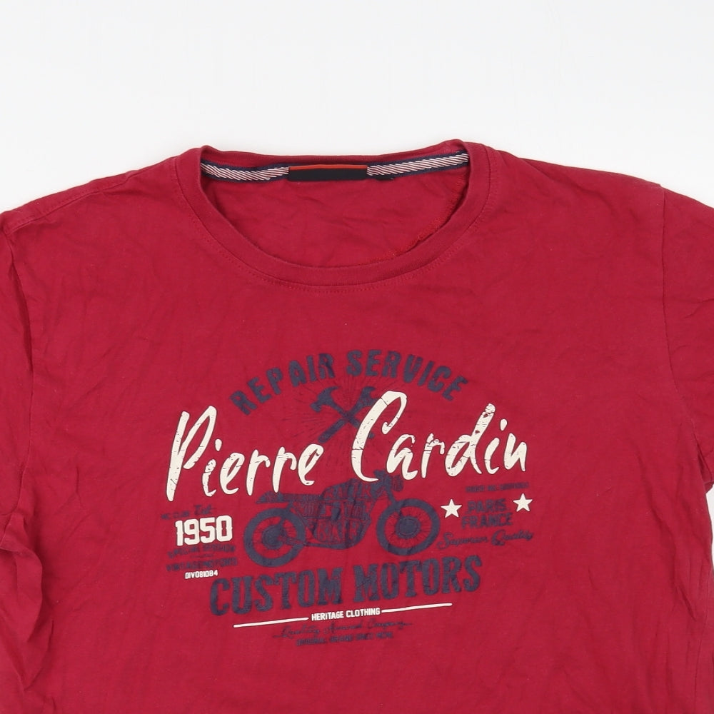 Pierre Cardin Mens Red Cotton T-Shirt Size L Crew Neck - Motorbike
