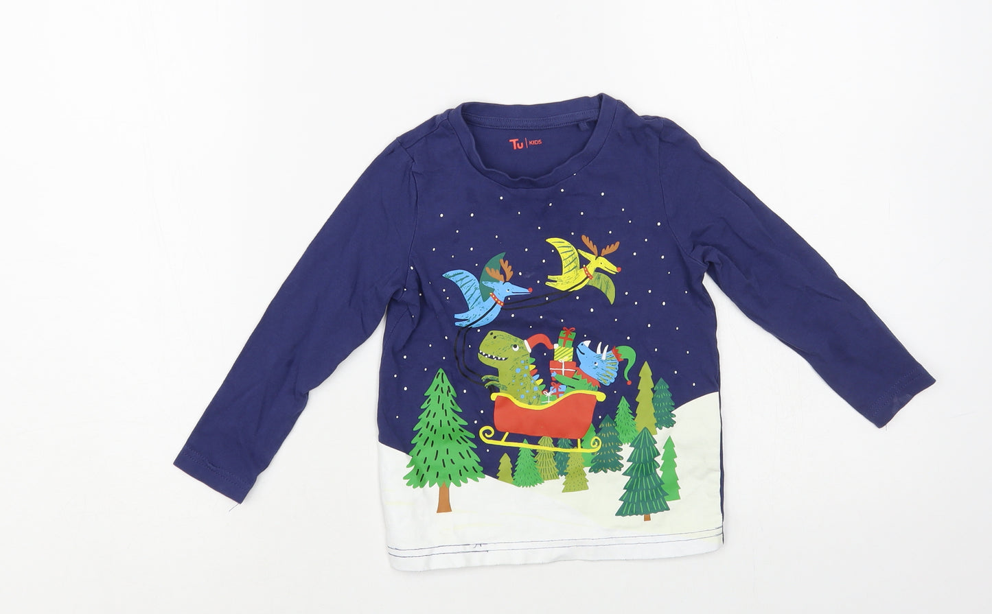 TU Baby Blue Cotton Pullover T-Shirt Size 12-18 Months Crew Neck Pullover - Dinosaur Christmas