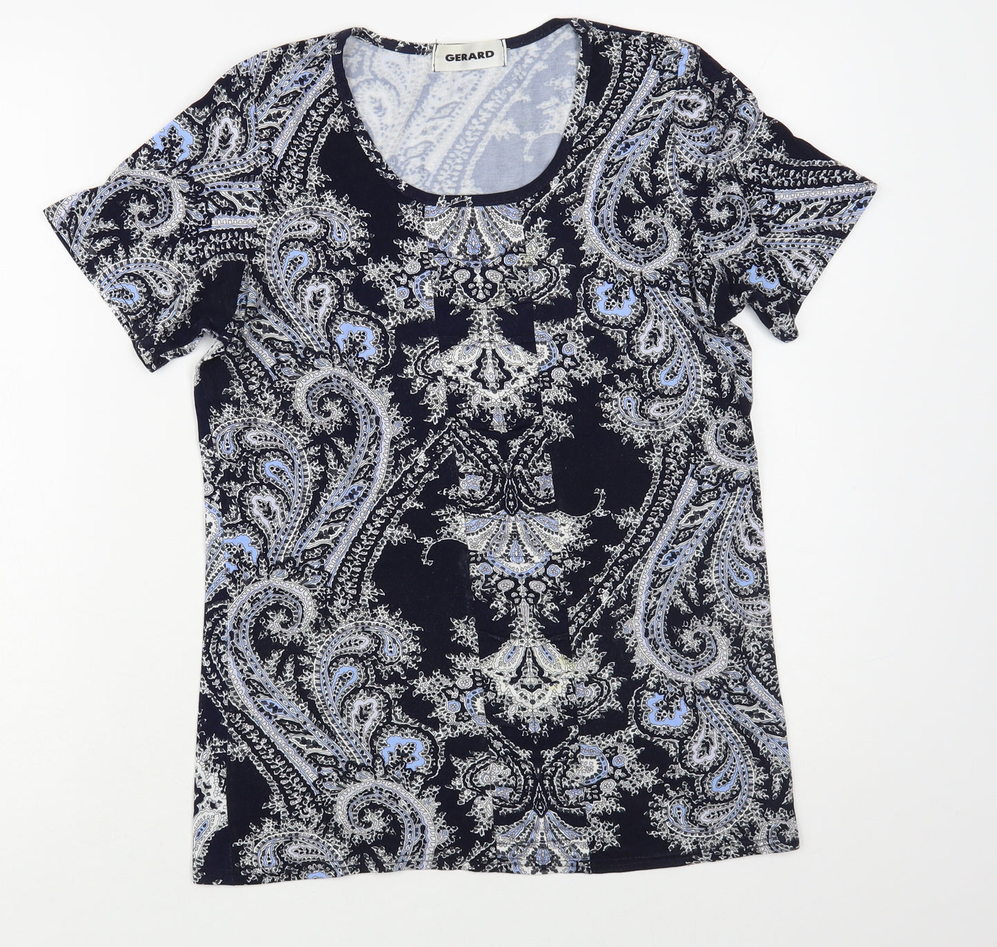 Gerard Womens Blue Paisley Viscose Basic T-Shirt Size 12 Scoop Neck