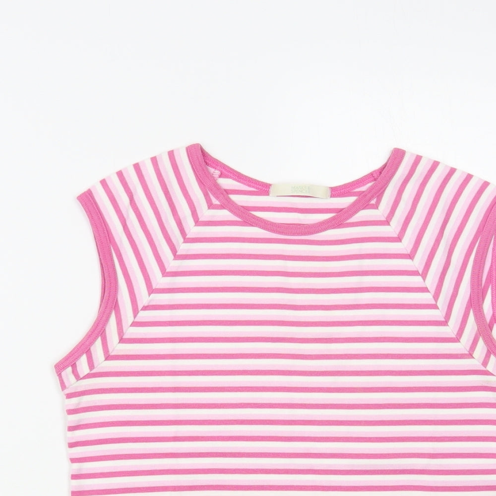 Marks and Spencer Womens Pink Striped Cotton Basic T-Shirt Size 12 Crew Neck