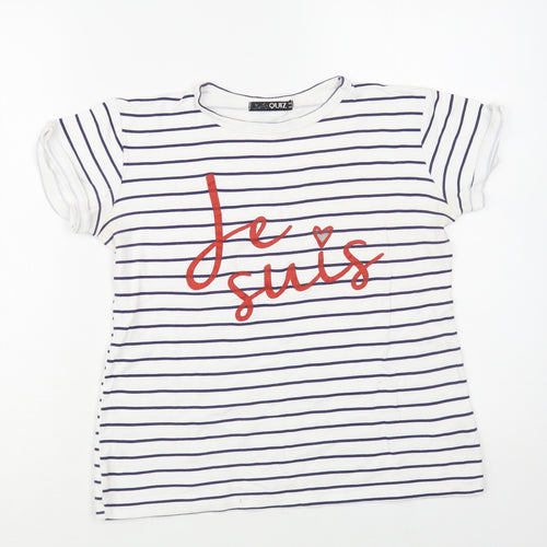Quiz Womens White Striped Cotton Basic T-Shirt Size 8 Crew Neck - Slogan