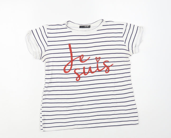 Quiz Womens White Striped Cotton Basic T-Shirt Size 8 Crew Neck - Slogan