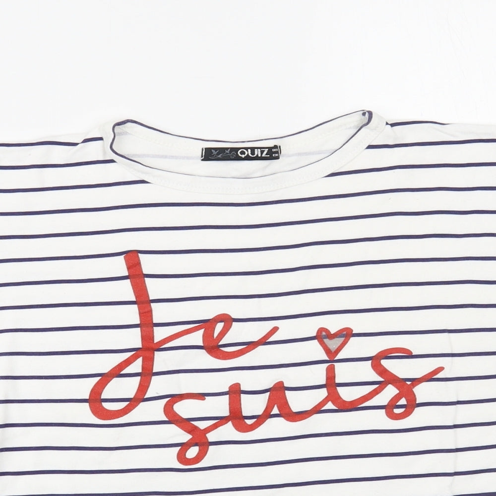 Quiz Womens White Striped Cotton Basic T-Shirt Size 8 Crew Neck - Slogan