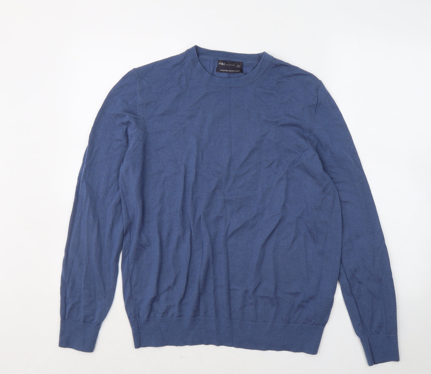 Marks and Spencer Womens Blue Round Neck Wool Pullover Jumper Size 14