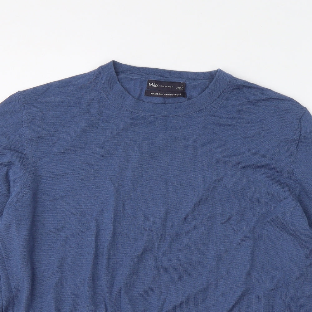 Marks and Spencer Womens Blue Round Neck Wool Pullover Jumper Size 14