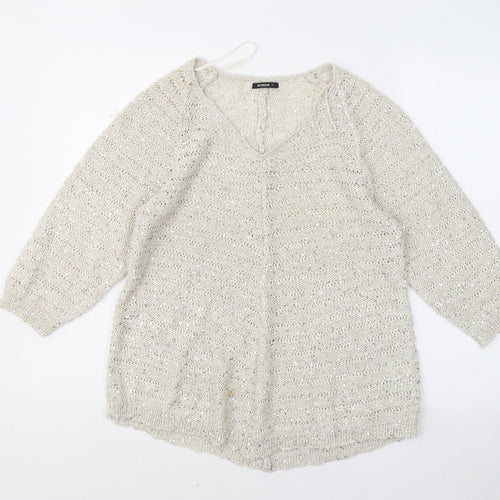 Roman Womens Beige V-Neck Polyester Pullover Jumper Size 12