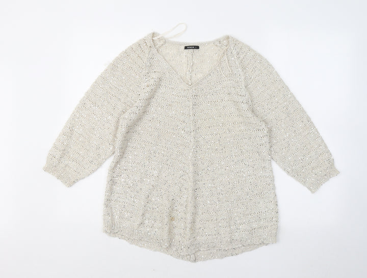 Roman Womens Beige V-Neck Polyester Pullover Jumper Size 12