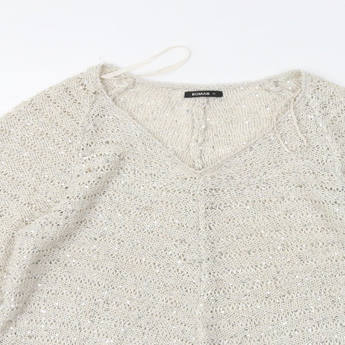 Roman Womens Beige V-Neck Polyester Pullover Jumper Size 12