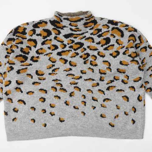ASOS Womens Grey Mock Neck Animal Print Acrylic Pullover Jumper Size 18 - Leopard Print