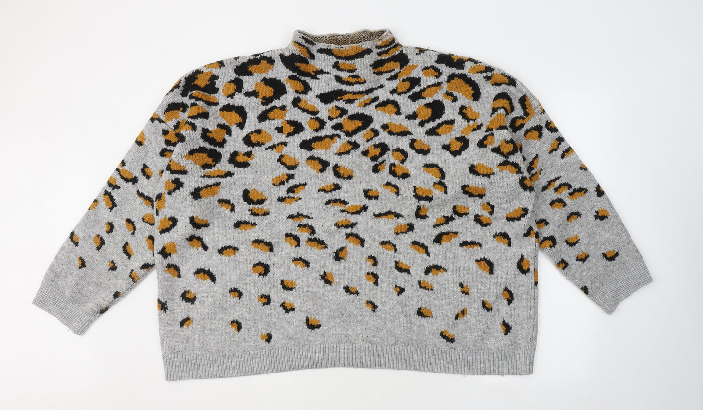 ASOS Womens Grey Mock Neck Animal Print Acrylic Pullover Jumper Size 18 - Leopard Print