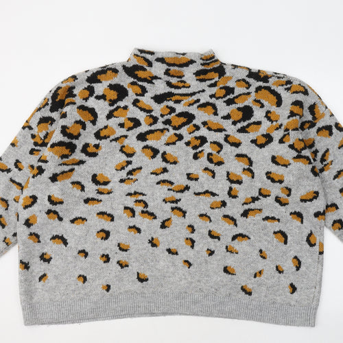 ASOS Womens Grey Mock Neck Animal Print Acrylic Pullover Jumper Size 18 - Leopard Print