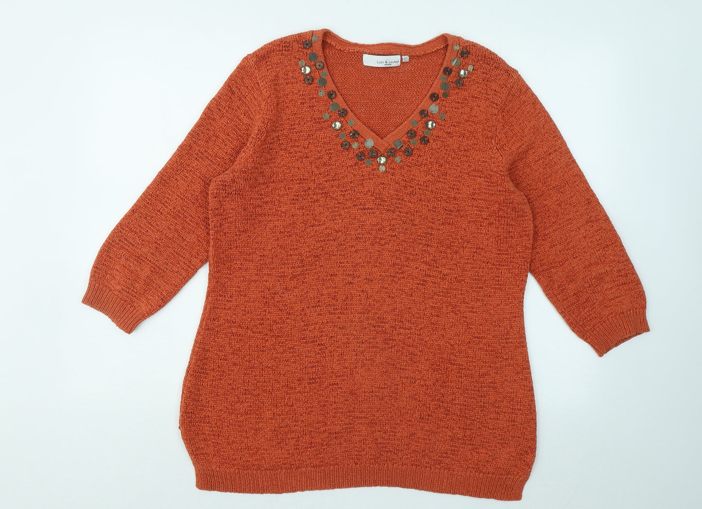 Lucy & Laurel Womens Orange V-Neck Cotton Pullover Jumper Size 18