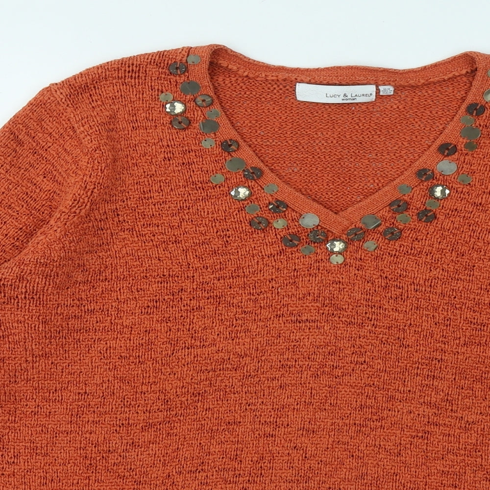 Lucy & Laurel Womens Orange V-Neck Cotton Pullover Jumper Size 18