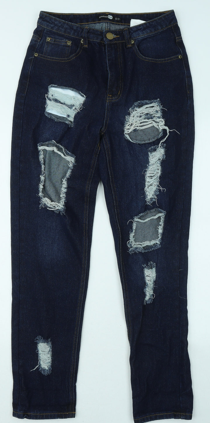 Boohoo Womens Blue Cotton Straight Jeans Size 10 L28 in Regular Zip