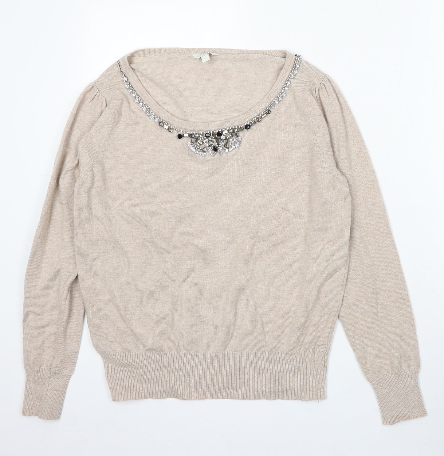 Monsoon Womens Beige Round Neck Viscose Pullover Jumper Size L - Embellished Neckline