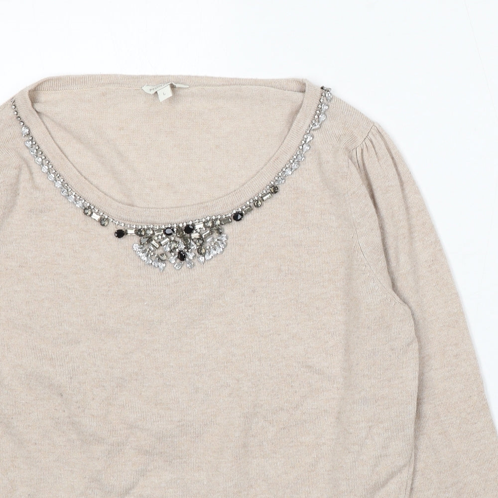 Monsoon Womens Beige Round Neck Viscose Pullover Jumper Size L - Embellished Neckline