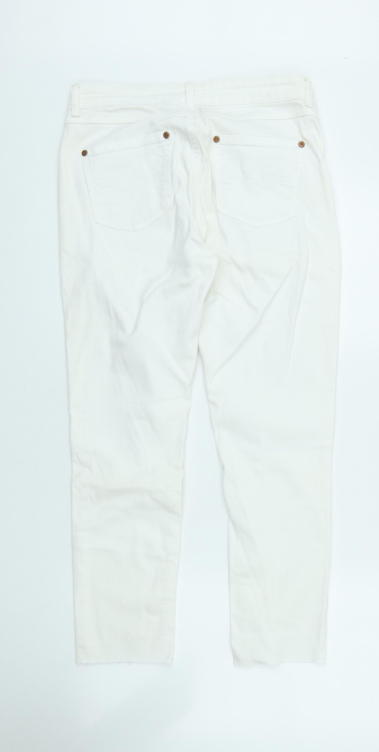 Oasis Womens White Cotton Skinny Jeans Size 12 L24 in Regular Button - Cropped Leg