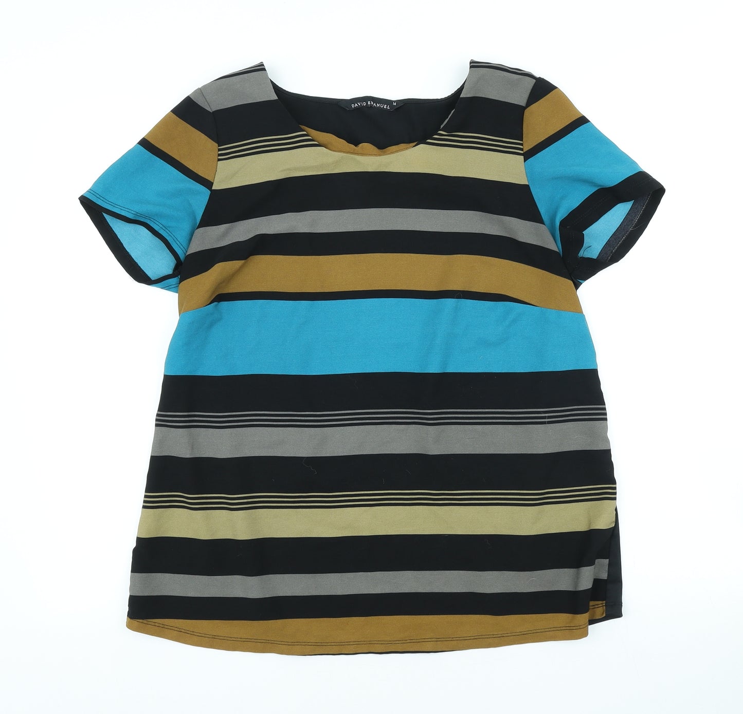 David Emanuel Womens Multicoloured Striped Polyester Basic T-Shirt Size 14 Scoop Neck