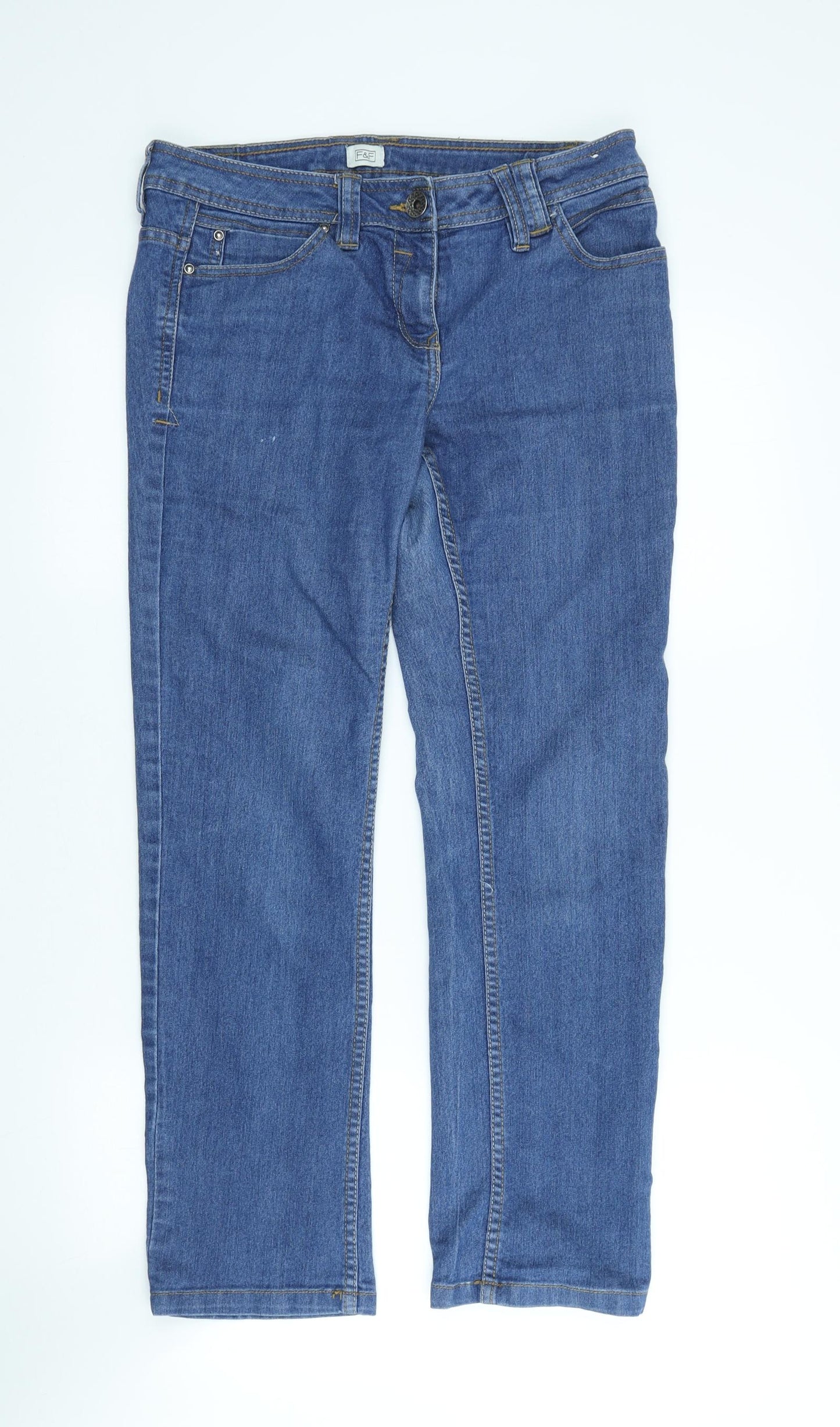 F&F Womens Blue Cotton Straight Jeans Size 10 L26 in Regular Button