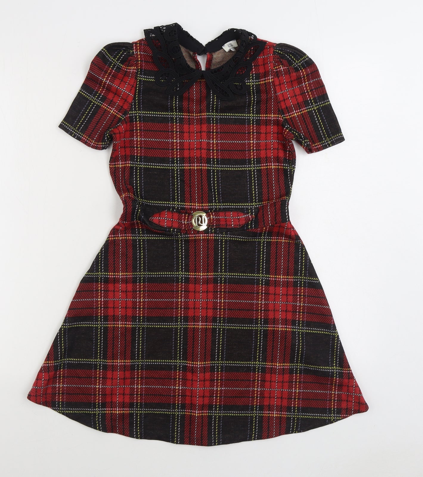 River Island Girls Red Plaid Polyester A-Line Size 9-10 Years Collared Button