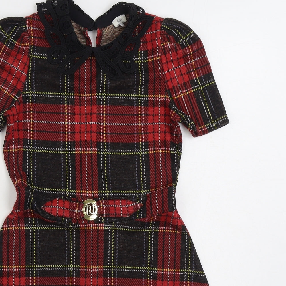 River Island Girls Red Plaid Polyester A-Line Size 9-10 Years Collared Button