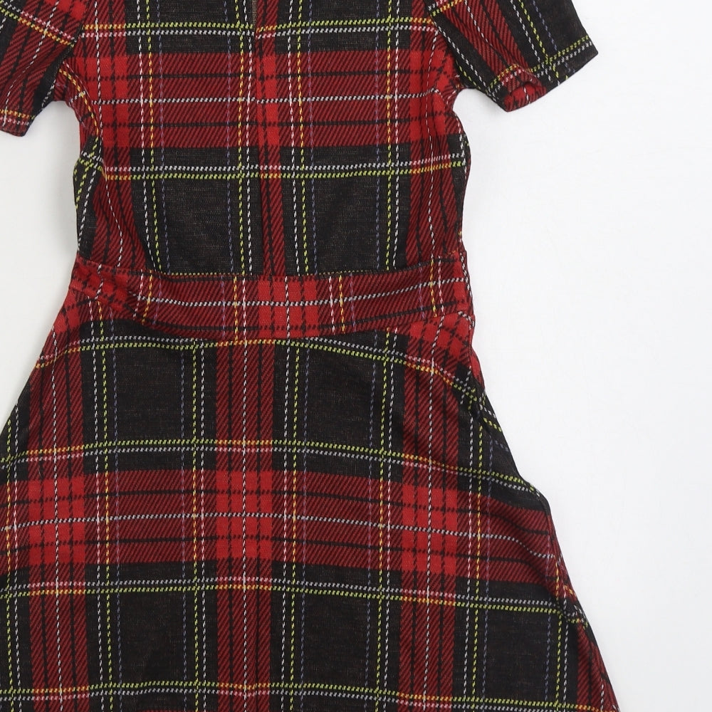 River Island Girls Red Plaid Polyester A-Line Size 9-10 Years Collared Button