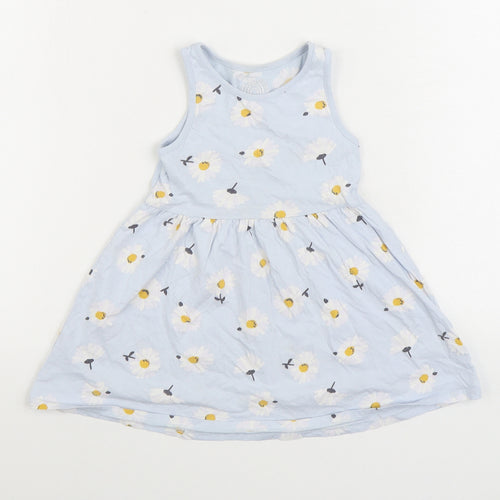 F&F Girls Blue Floral Cotton Skater Dress Size 3-4 Years Scoop Neck Pullover - Daisy