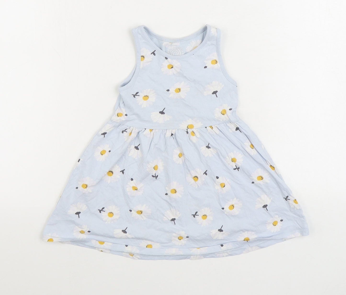 F&F Girls Blue Floral Cotton Skater Dress Size 3-4 Years Scoop Neck Pullover - Daisy