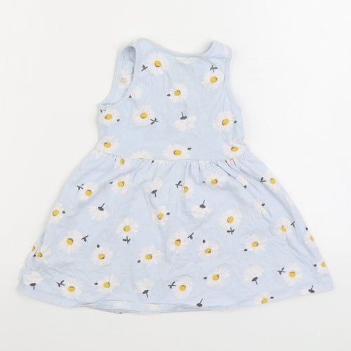 F&F Girls Blue Floral Cotton Skater Dress Size 3-4 Years Scoop Neck Pullover - Daisy