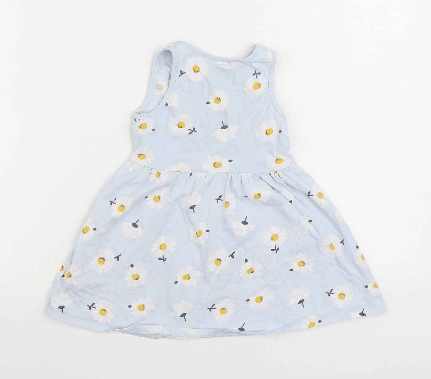 F&F Girls Blue Floral Cotton Skater Dress Size 3-4 Years Scoop Neck Pullover - Daisy