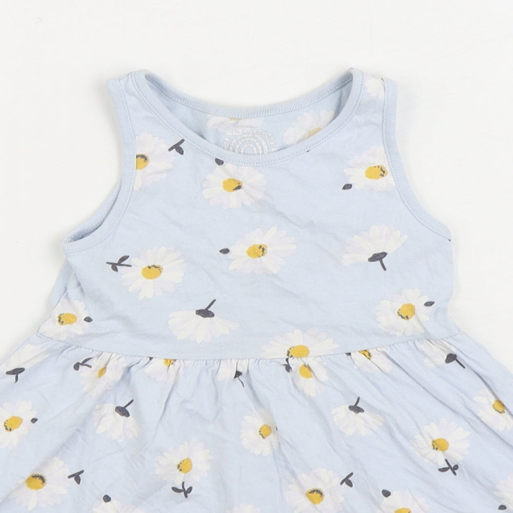 F&F Girls Blue Floral Cotton Skater Dress Size 3-4 Years Scoop Neck Pullover - Daisy