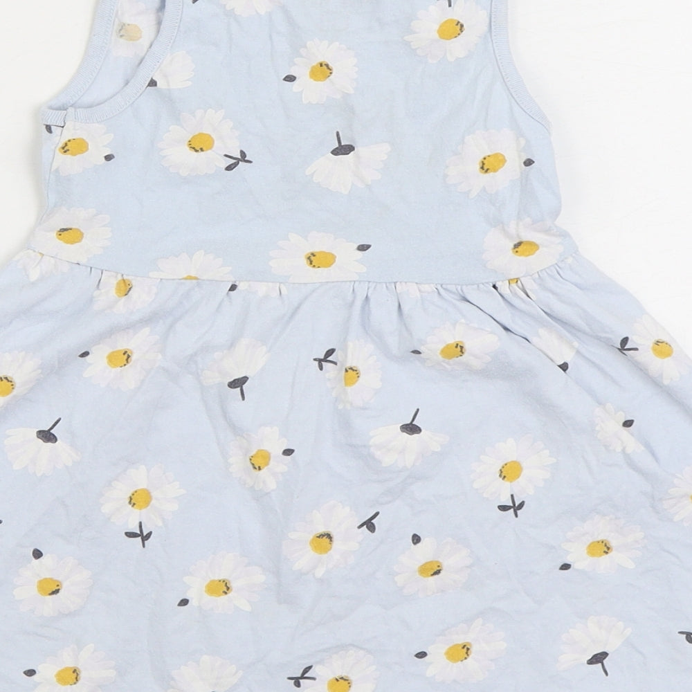 F&F Girls Blue Floral Cotton Skater Dress Size 3-4 Years Scoop Neck Pullover - Daisy