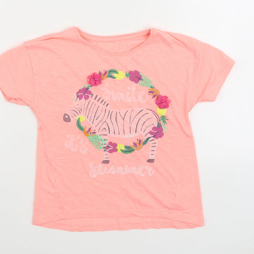 Dunnes Stores Girls Pink Polyester Basic T-Shirt Size 8 Years Round Neck Pullover - Zebra. Smile it's Summer
