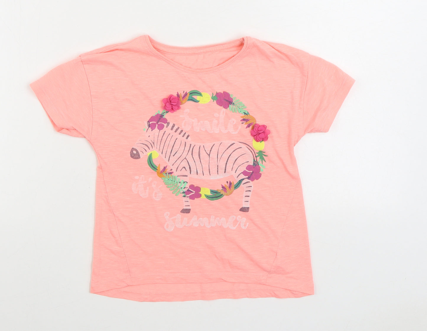 Dunnes Stores Girls Pink Polyester Basic T-Shirt Size 8 Years Round Neck Pullover - Zebra. Smile it's Summer