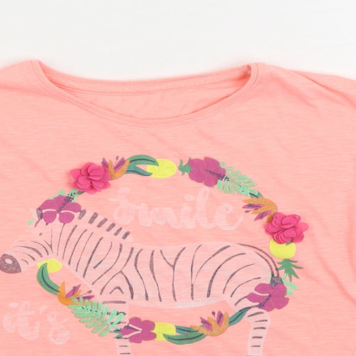 Dunnes Stores Girls Pink Polyester Basic T-Shirt Size 8 Years Round Neck Pullover - Zebra. Smile it's Summer