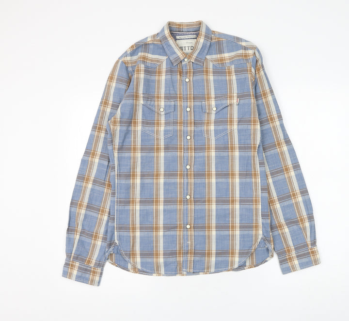 TOM TAILOR Mens Blue Plaid Cotton Button-Up Size S Collared Button