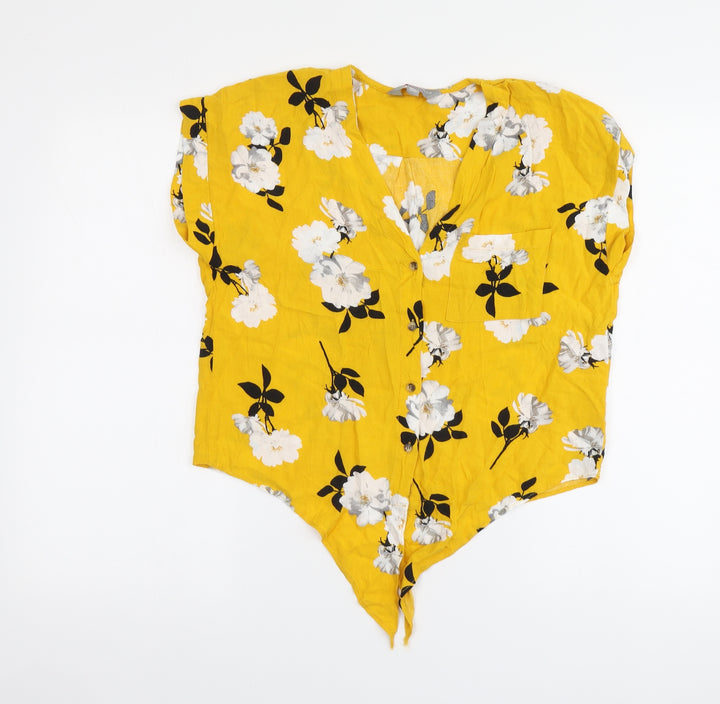 Dorothy Perkins Womens Yellow Floral Viscose Basic Button-Up Size 8 V-Neck