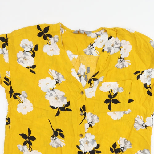 Dorothy Perkins Womens Yellow Floral Viscose Basic Button-Up Size 8 V-Neck