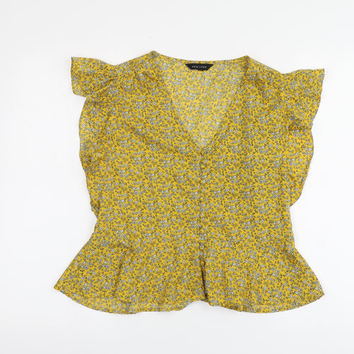 New Look Womens Yellow Floral Polyester Basic Blouse Size S V-Neck