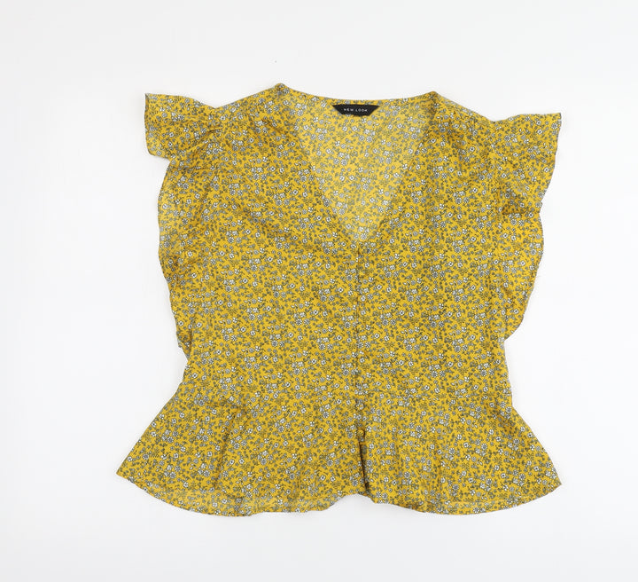 New Look Womens Yellow Floral Polyester Basic Blouse Size S V-Neck