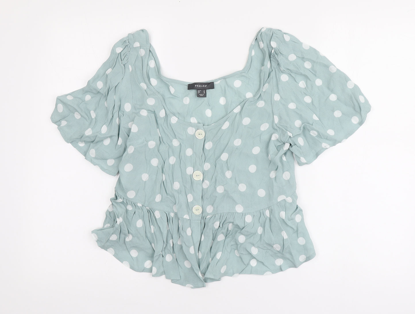 Primark Womens Blue Polka Dot Viscose Basic Blouse Size 14 Round Neck