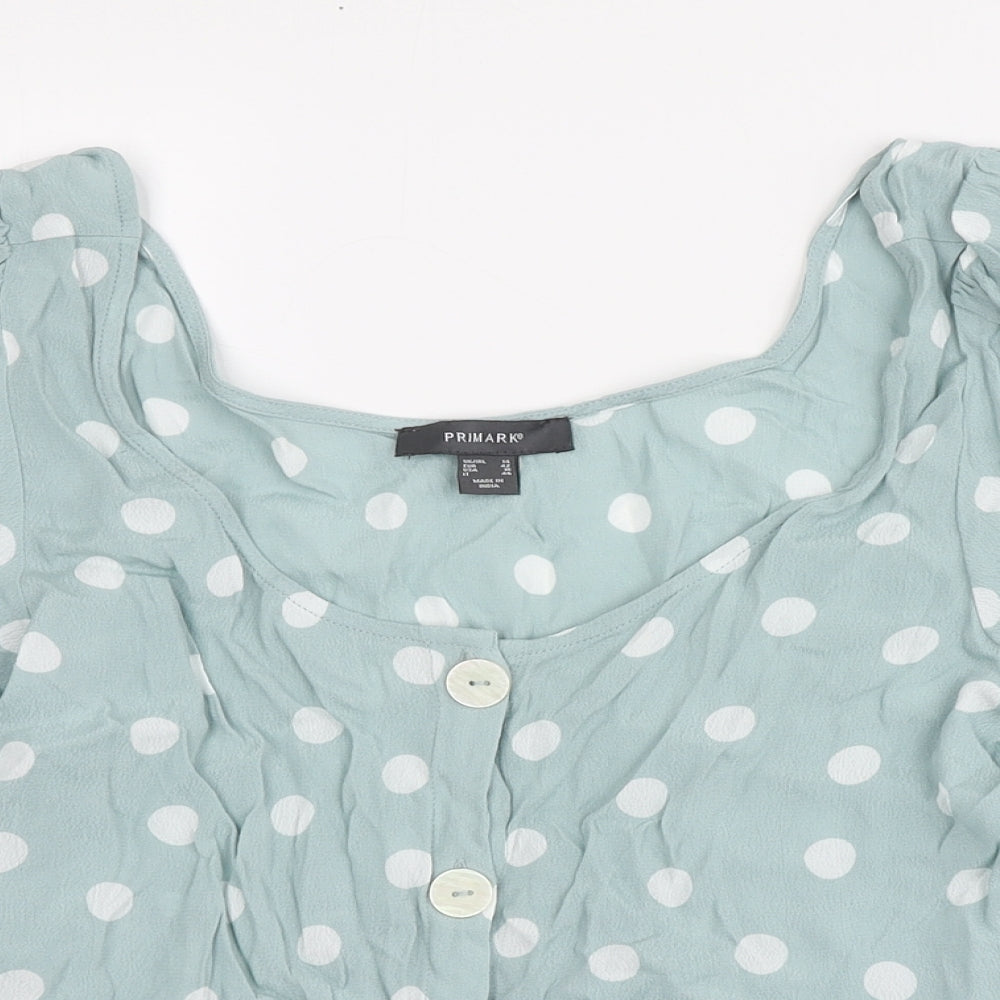 Primark Womens Blue Polka Dot Viscose Basic Blouse Size 14 Round Neck